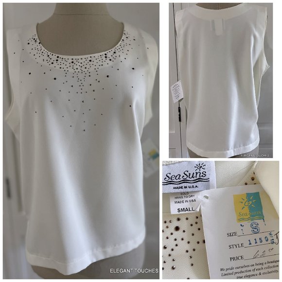 Sea Suns Collared Button Up Jacket Top Tank Set White Beaded vgt 2 pc SMALL - Picture 3 of 14